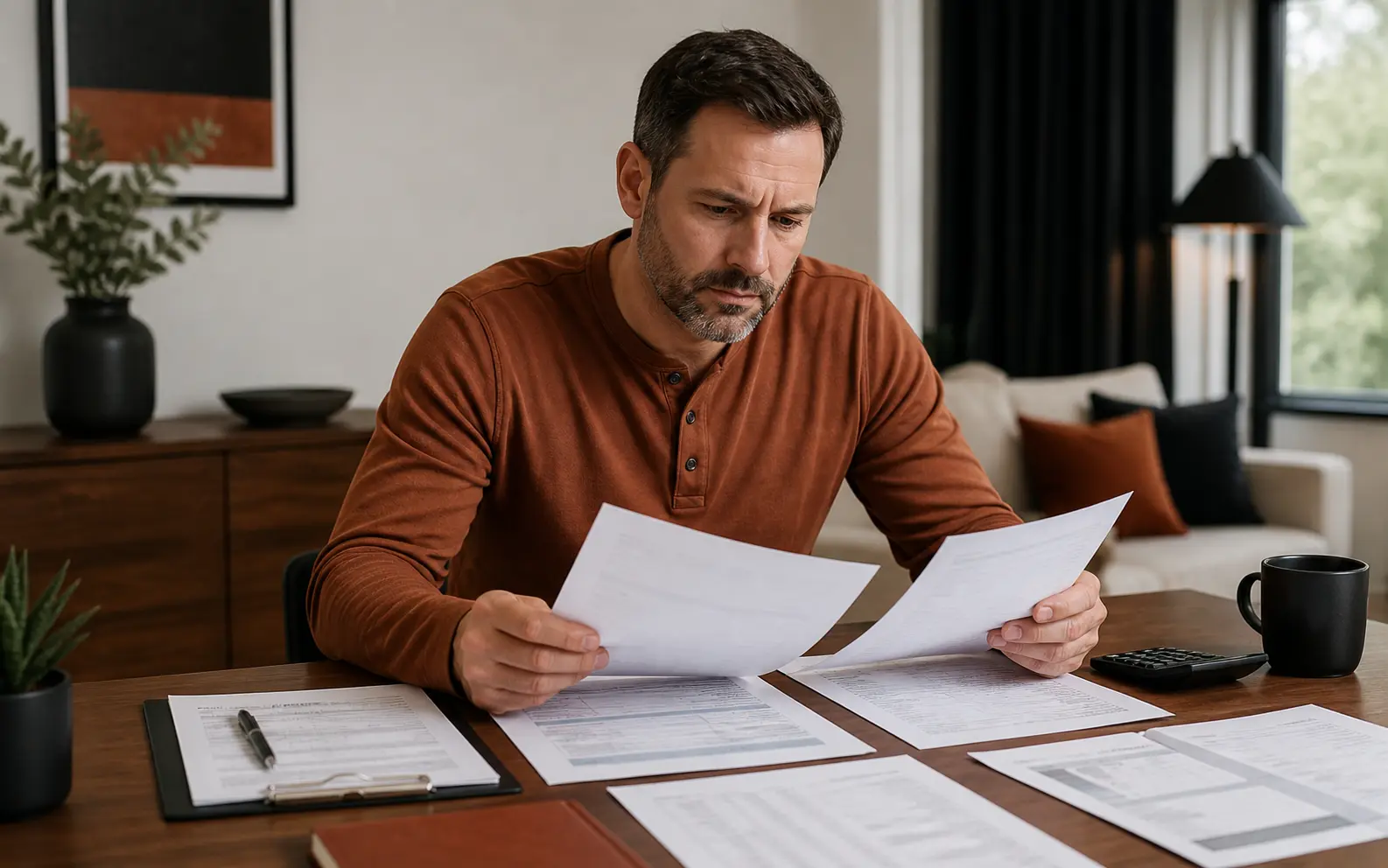 Concerned homeowner comparing solar loan assumptions, financing documents, and system pricing