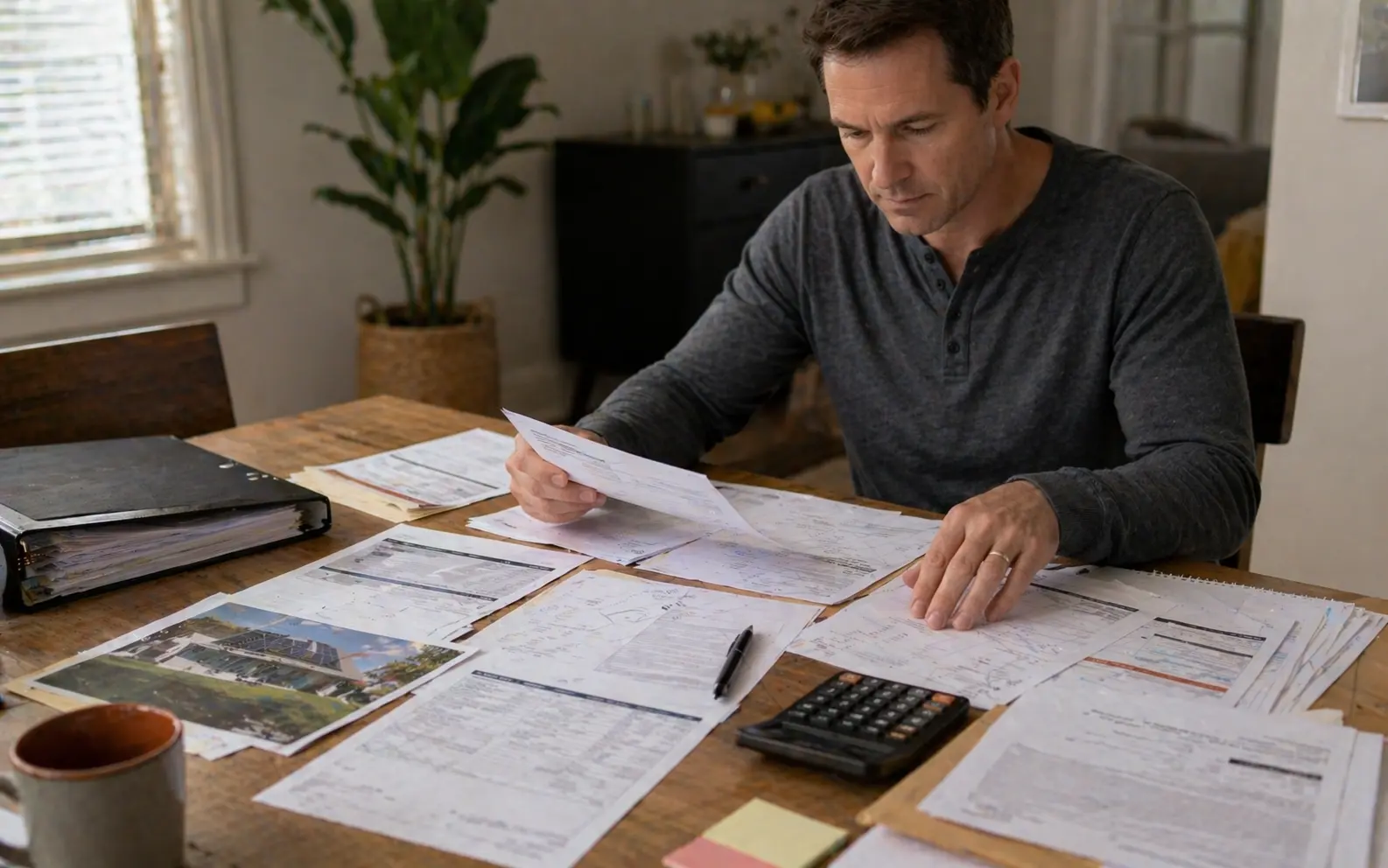 Homeowner organizing solar proposal, signed contract, loan documents, bills, and communications