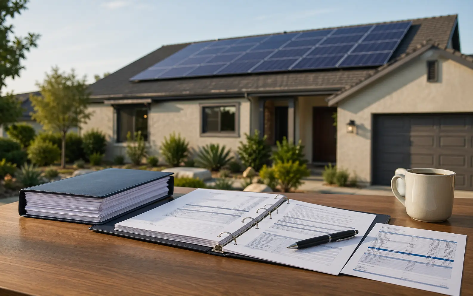 Homeowner reviewing solar panel, inverter, battery, workmanship, and service warranty documents