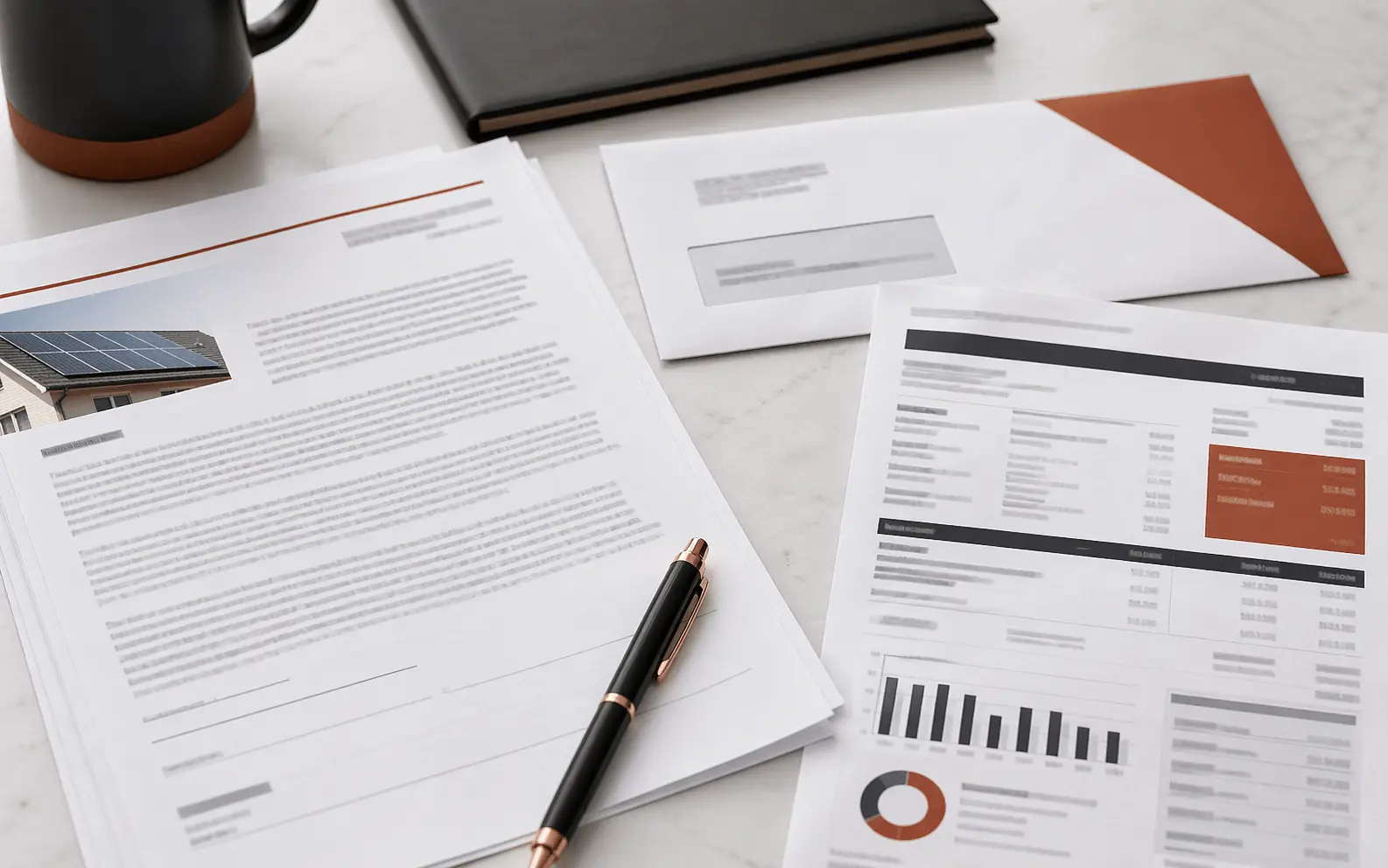 Solar company closure notice, contract, warranty, and loan servicing documents arranged for review