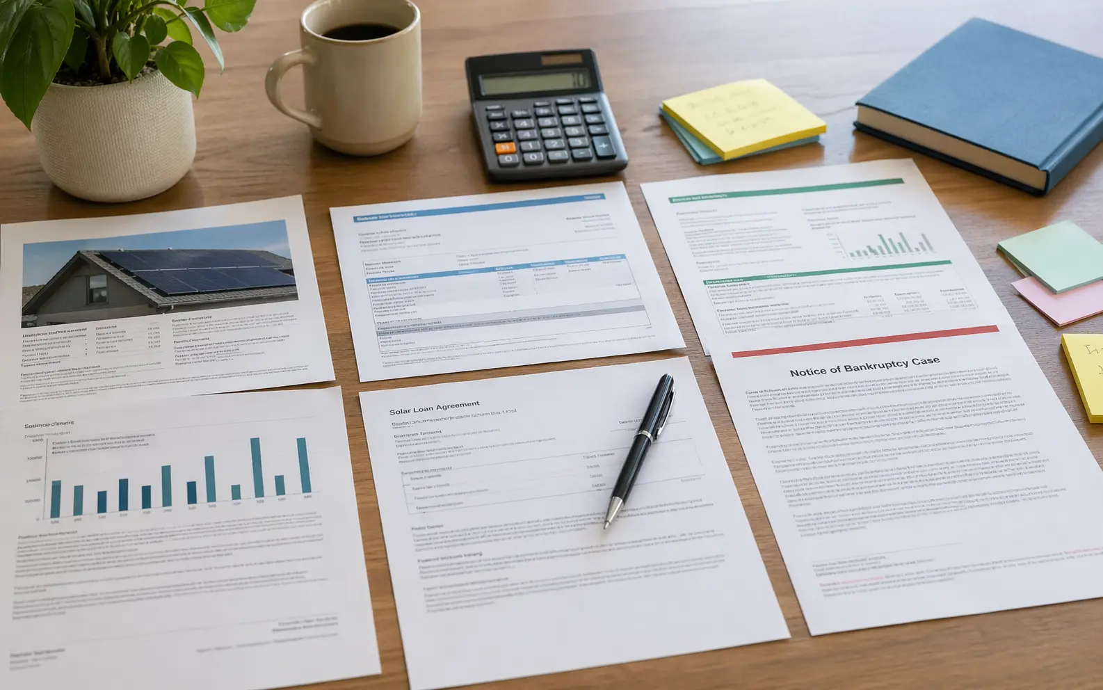 Solar loan agreement, payment schedule, credit documents, and account statements arranged for review