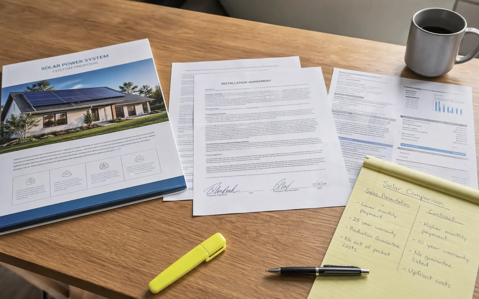 Solar sales proposal beside a signed installation agreement and comparison notes