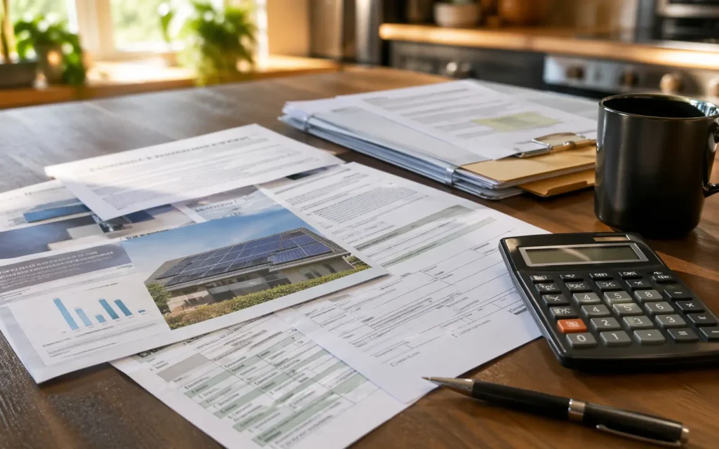 Solar contract, tax documents, financing paperwork, and calculator arranged for review