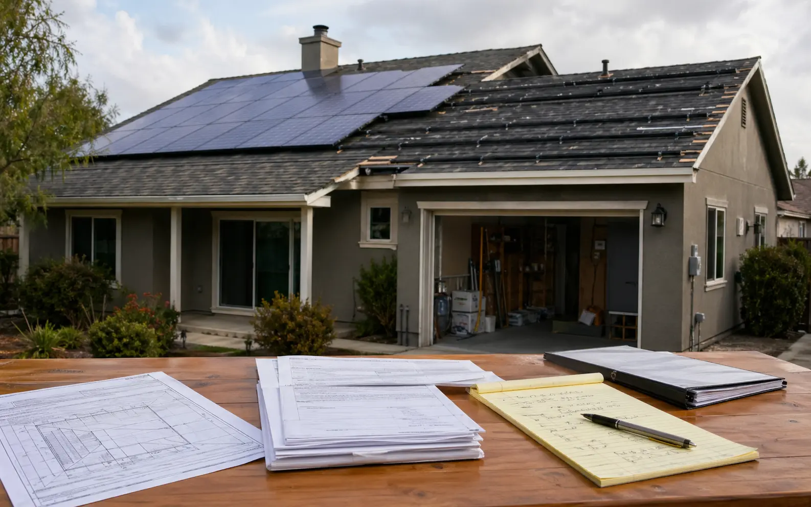 Unfinished Colorado solar installation with project plans, equipment, and incomplete contractor work