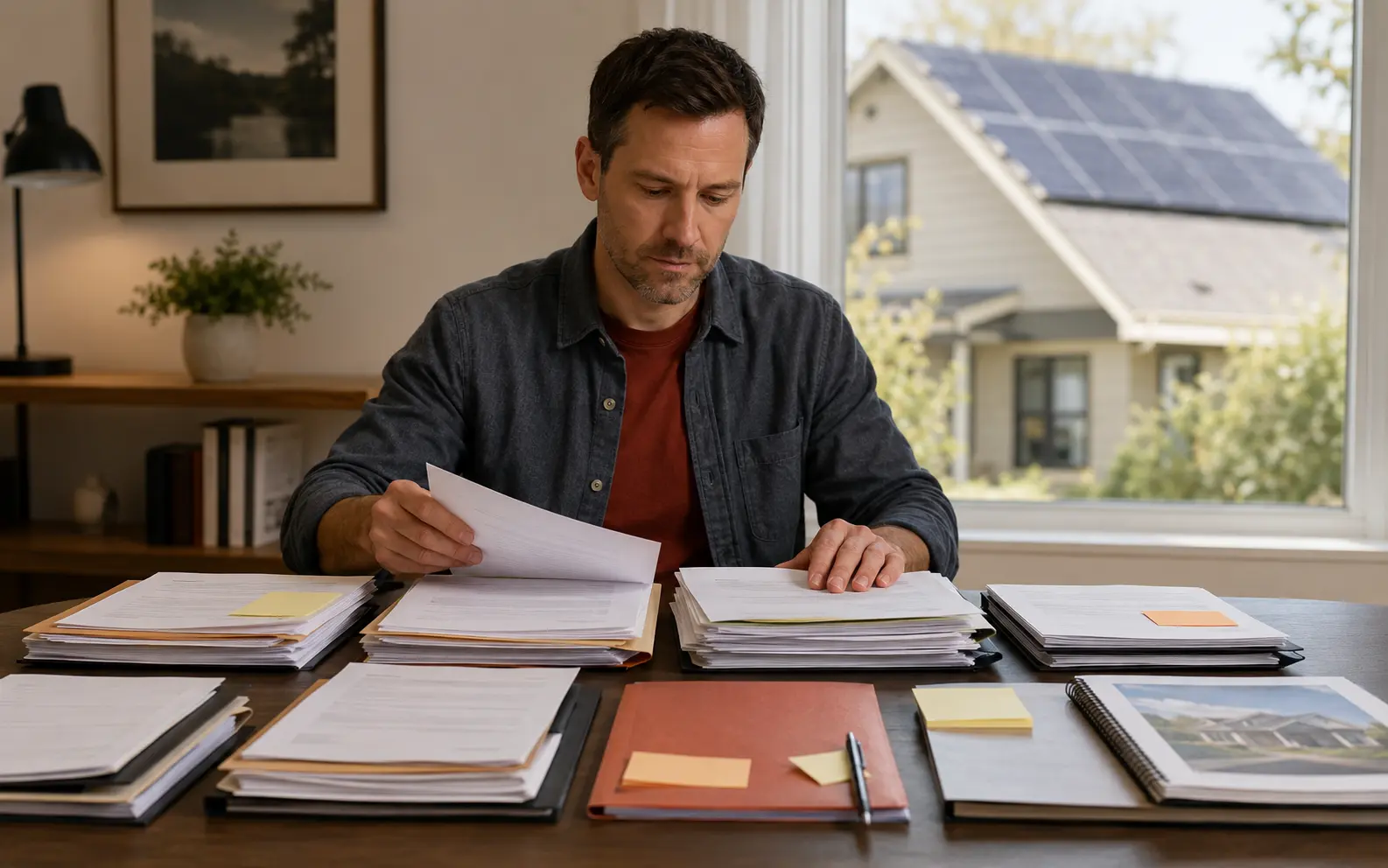 Colorado homeowner organizing Sopris Solar contracts, permit records, financing documents, photographs, and repair estimates