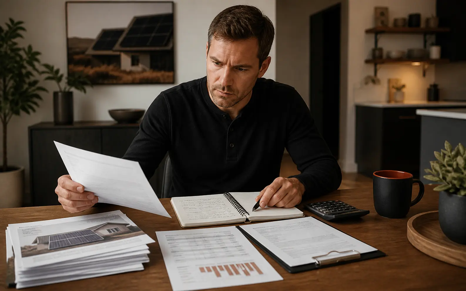 Homeowner reviewing a solar loan payment schedule, calculator, and financing documents