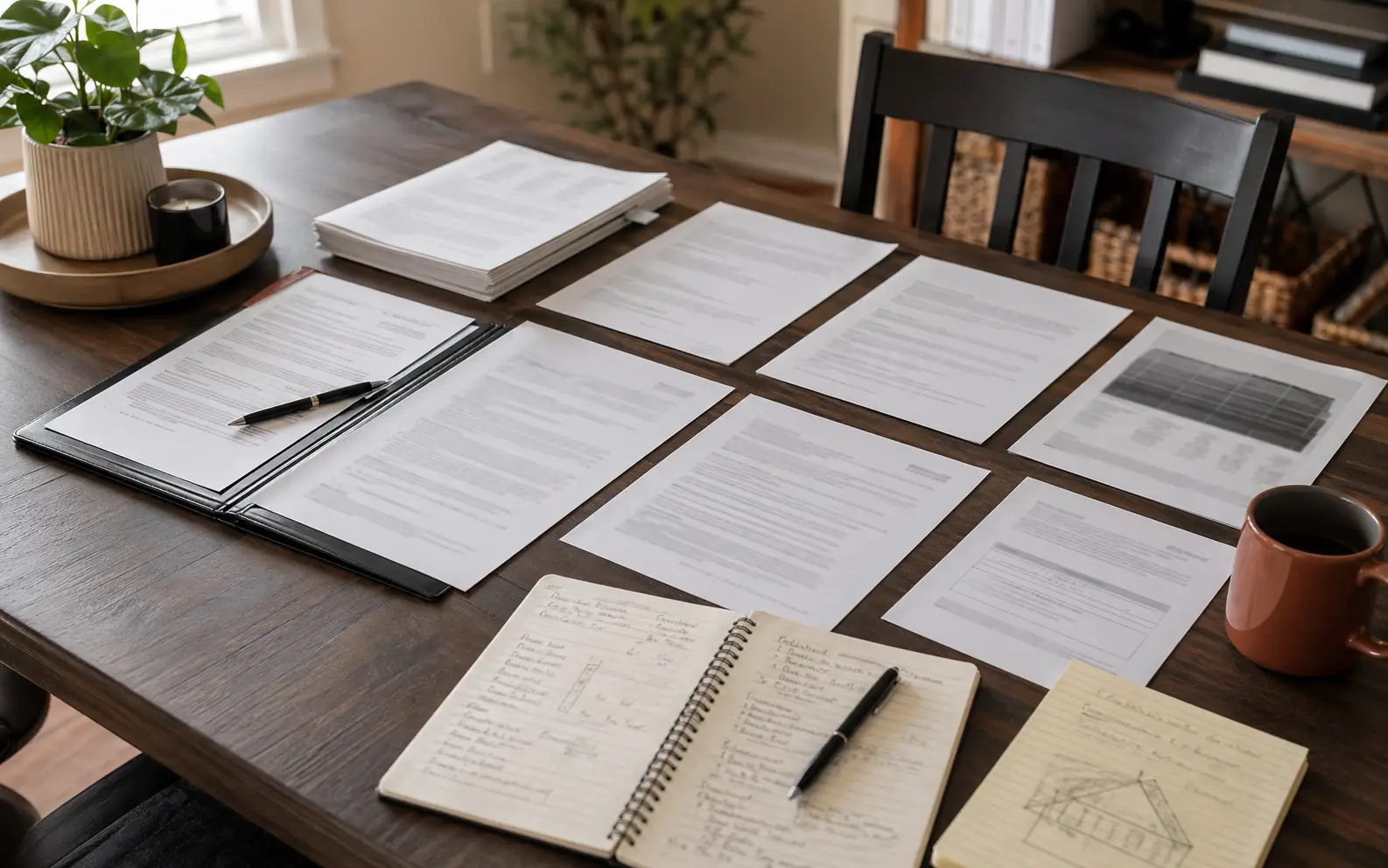 Solar agreement pages and homeowner notes organized for a Tesla or SolarCity contract review