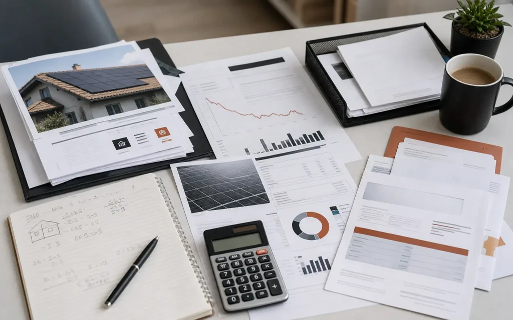 Concerned Colorado homeowner reviewing solar payment notices, contract documents, and credit concerns
