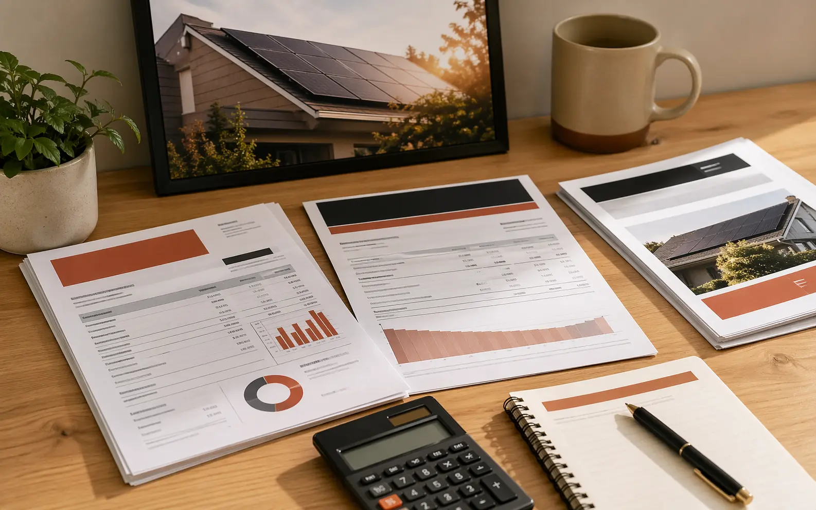 Solar payment statement and contract schedule reviewed with a calculator